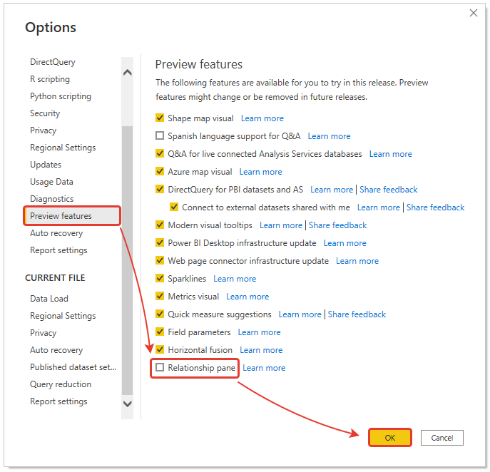 microsoft power bi relationship editing in the properties pane active features