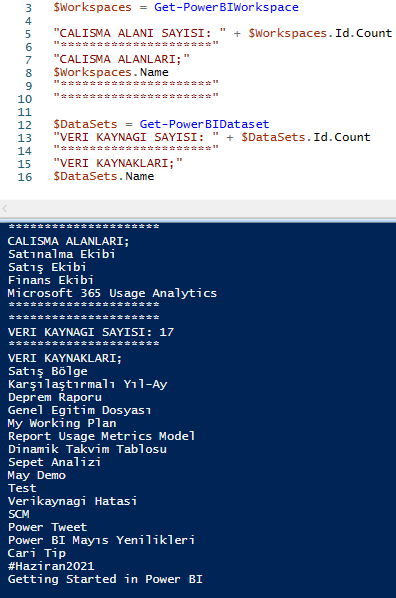 power bi service with powershell datset list and number of dataset all workspace