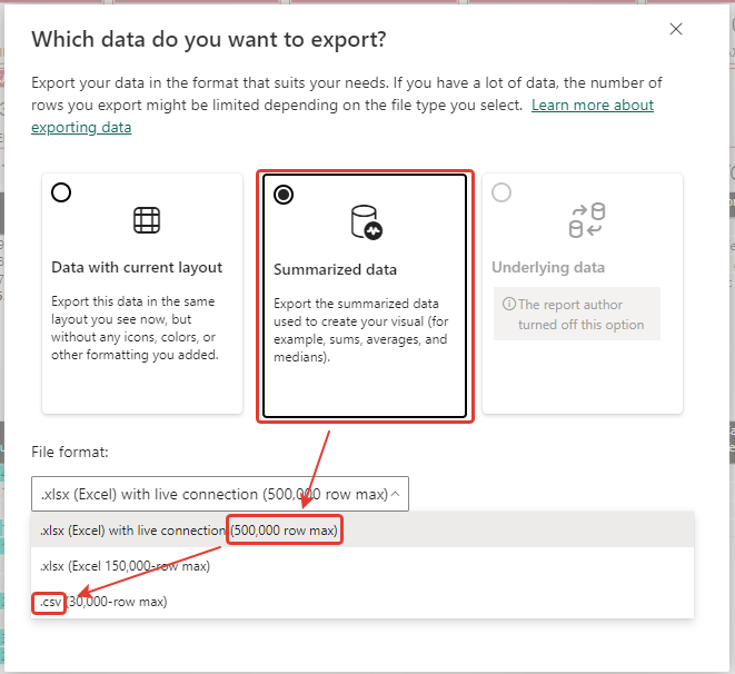 power bi download data with excel file summarize format new capacity